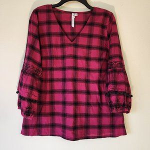 NY Collection Boho Plaid V Neck Blouse Tiered Bell Sleeves w/ Embroidery Large